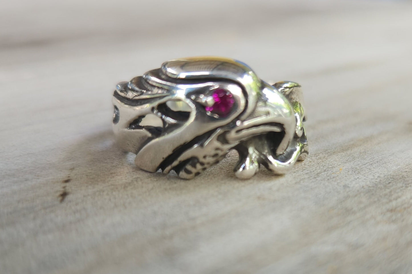 Eagle ring,925 sterling silver,bird head synthetic ruby garnet ring ,tribal indian cowboy country and western, silver band