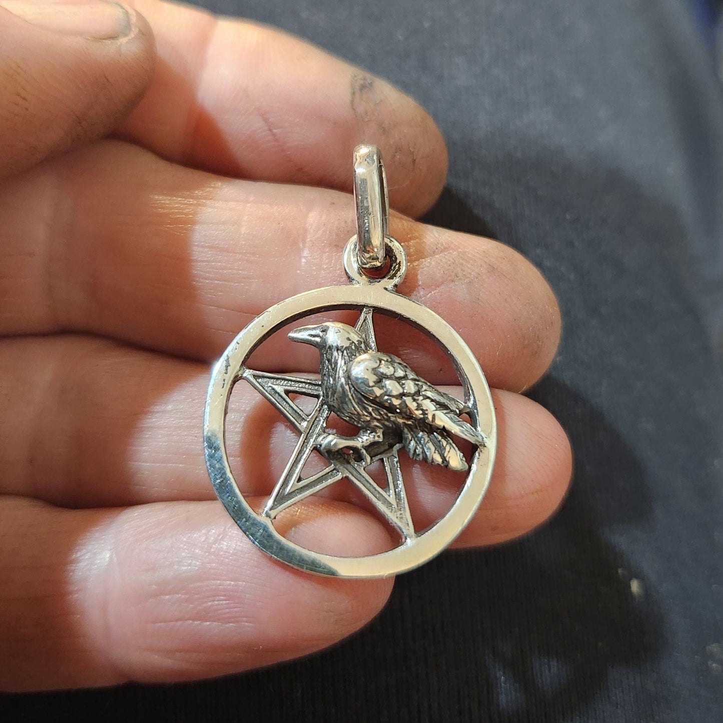 Raven Pentagram pendant,sterling silver,crow,,occult,wiccan,witch,wizard,magic,binding,druid,boho,goth,handmade,