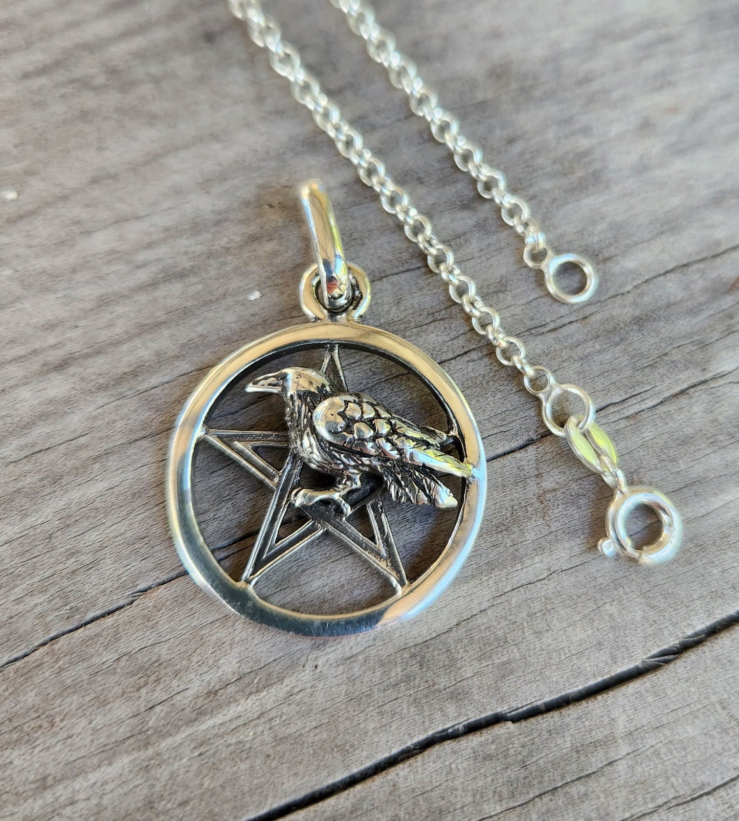 Raven Pentagram pendant,sterling silver,crow,,occult,wiccan,witch,wizard,magic,binding,druid,boho,goth,handmade,
