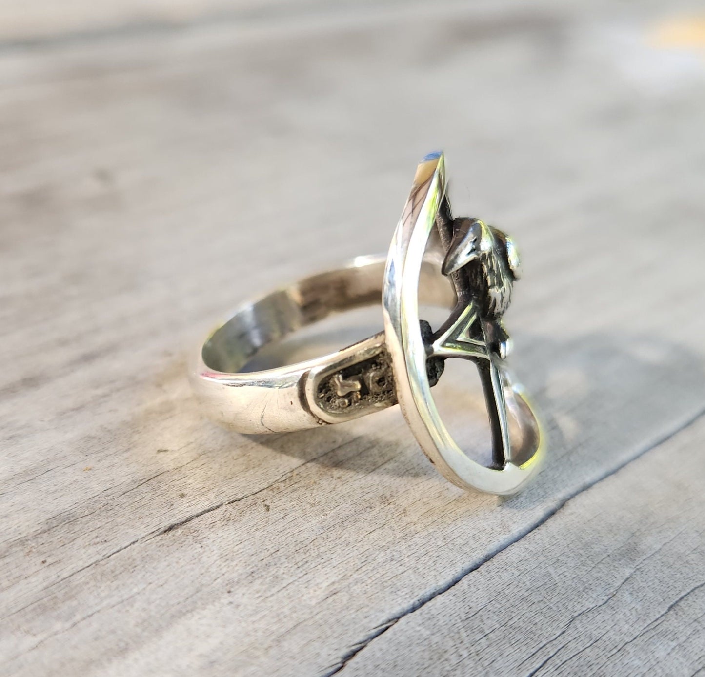 Raven Pentagram ring,sterling silver,crow,occult,wiccan,witch,wizard,magic,binding,druid,boho,goth,handmade,
