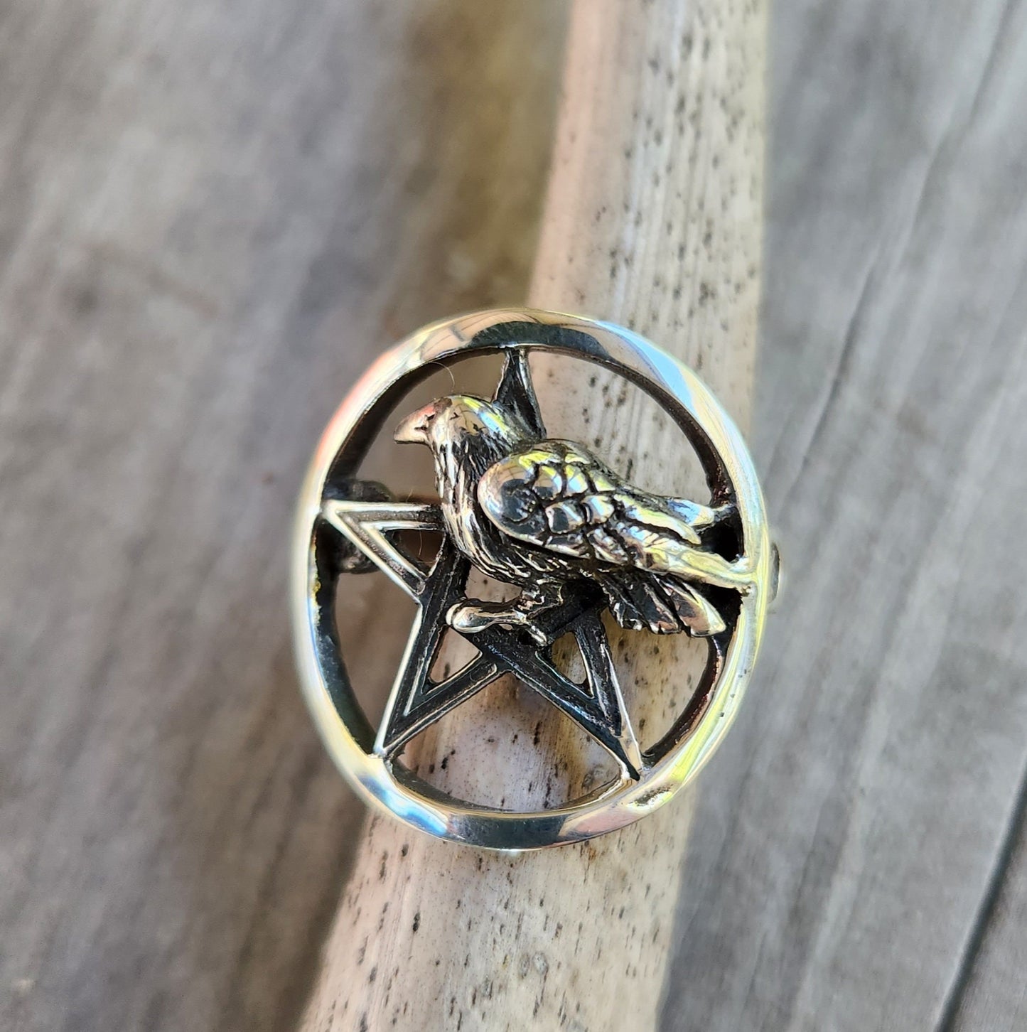 Raven Pentagram ring,sterling silver,crow,occult,wiccan,witch,wizard,magic,binding,druid,boho,goth,handmade,
