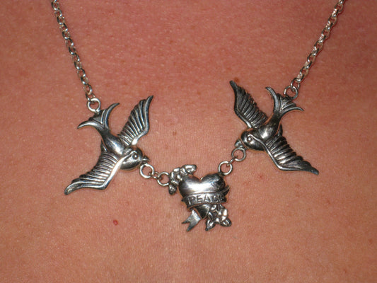 Large swallow necklace,925 sterling silver, bluebird, peace,heart necklace rockabilly steampunk gothic boho gypsy