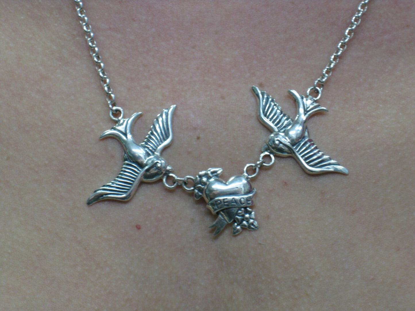 Large swallow necklace,925 sterling silver, bluebird, peace,heart necklace rockabilly steampunk gothic boho gypsy