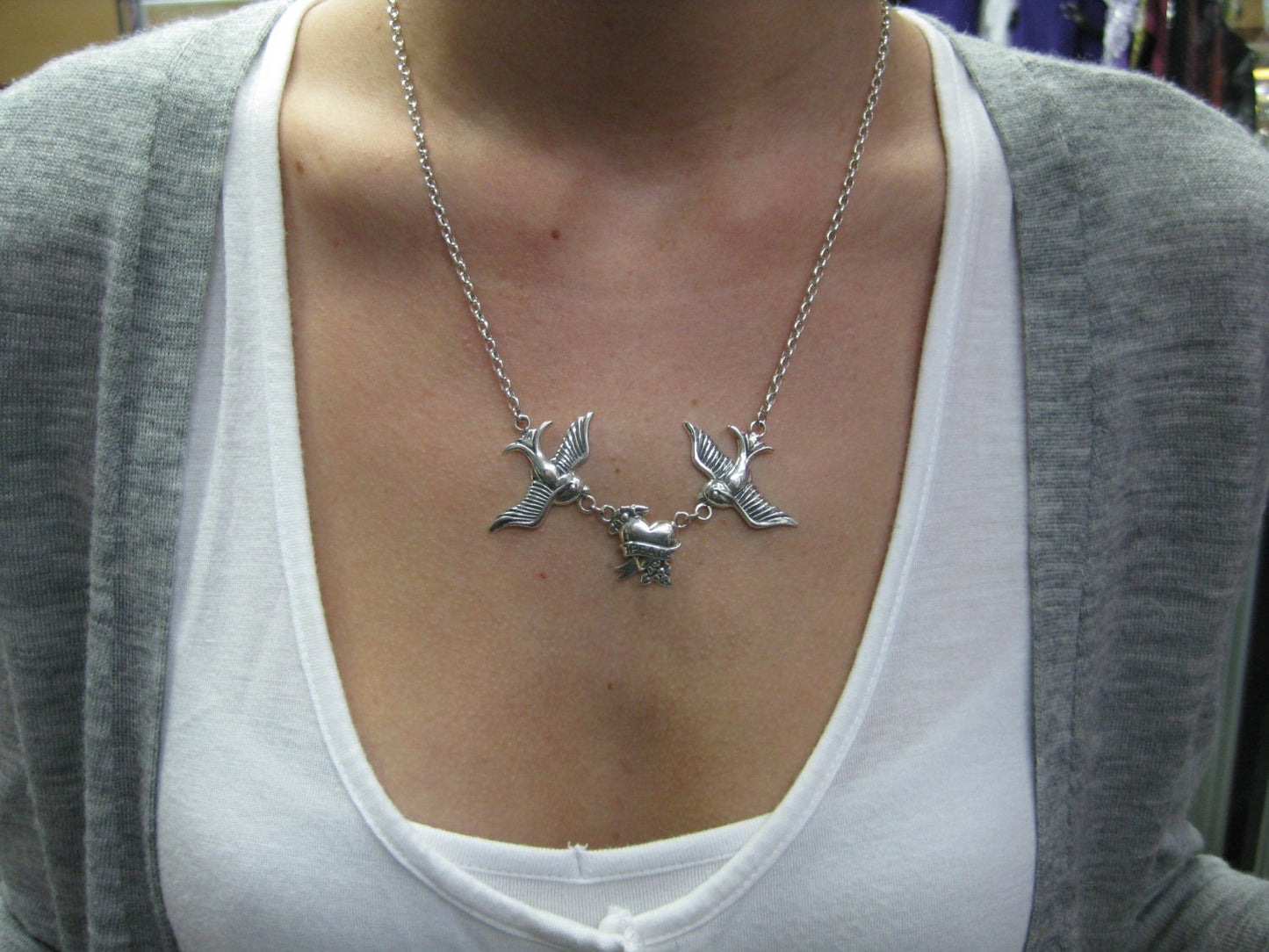 Large swallow necklace,925 sterling silver, bluebird, peace,heart necklace rockabilly steampunk gothic boho gypsy