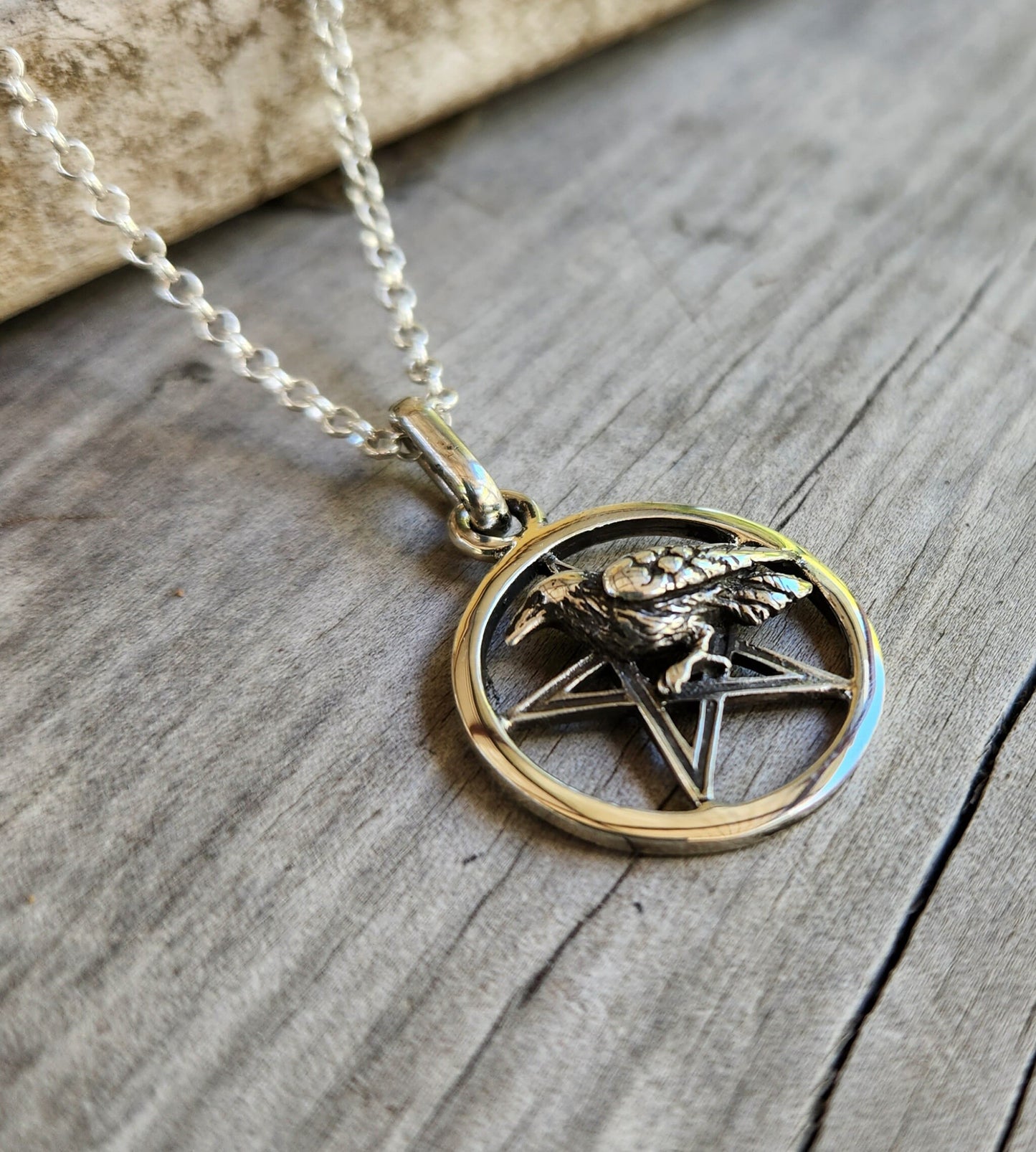 Raven Pentagram pendant,sterling silver,crow,,occult,wiccan,witch,wizard,magic,binding,druid,boho,goth,handmade,