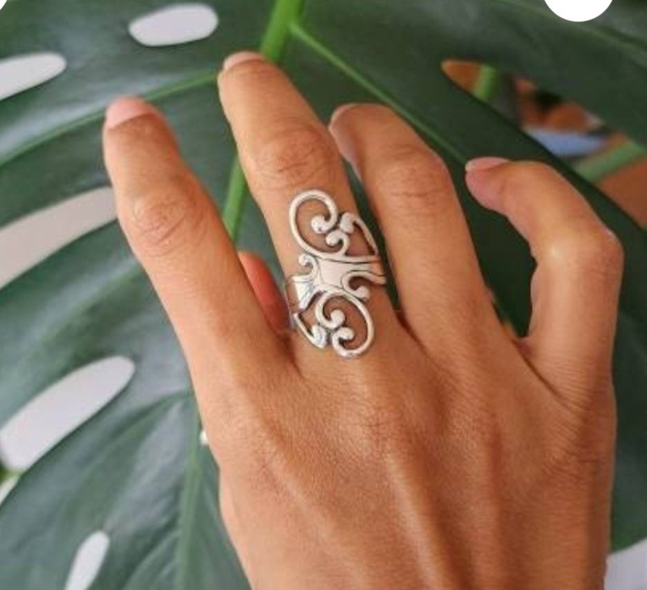 Long ring,scroll,925 sterling silver,boho,goddess,new age,vintage,gypsy,shabby chic,women's fashion,baroque,designer,steampunk,rockabilly