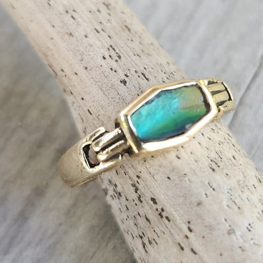 9ct gold paua shell ring,9k upcycled vintage ring, abalone,handmade,recycled petite gold band