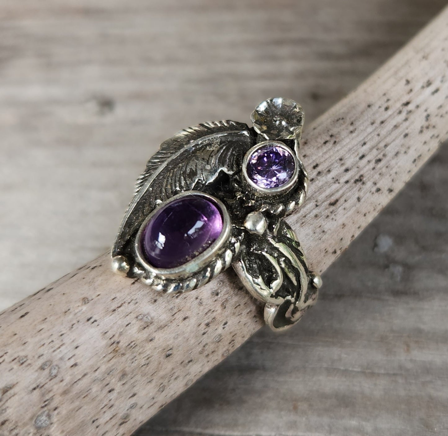 Amethyst flower ring, sterling silver,cz, alternative steampunk gothic art nouveau victorian flower rockabilly