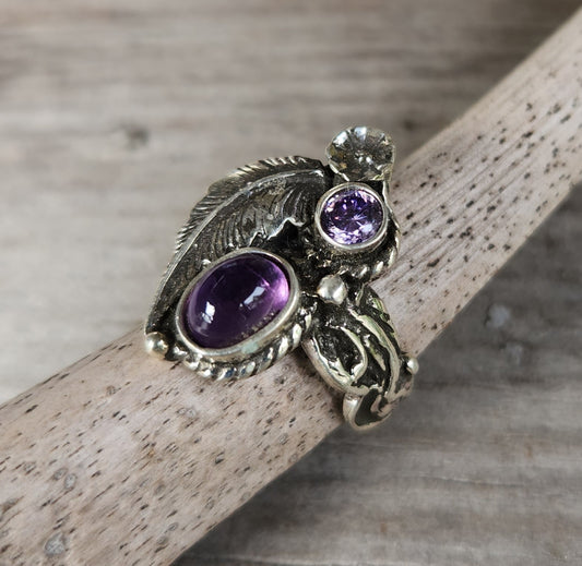 Amethyst flower ring, sterling silver,cz, alternative steampunk gothic art nouveau victorian flower rockabilly
