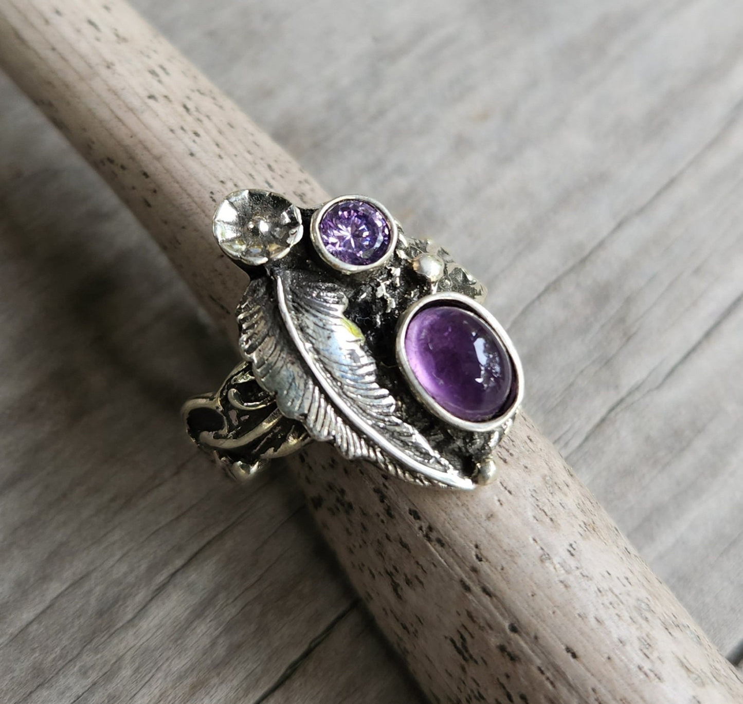 Amethyst flower ring, sterling silver,cz, alternative steampunk gothic art nouveau victorian flower rockabilly