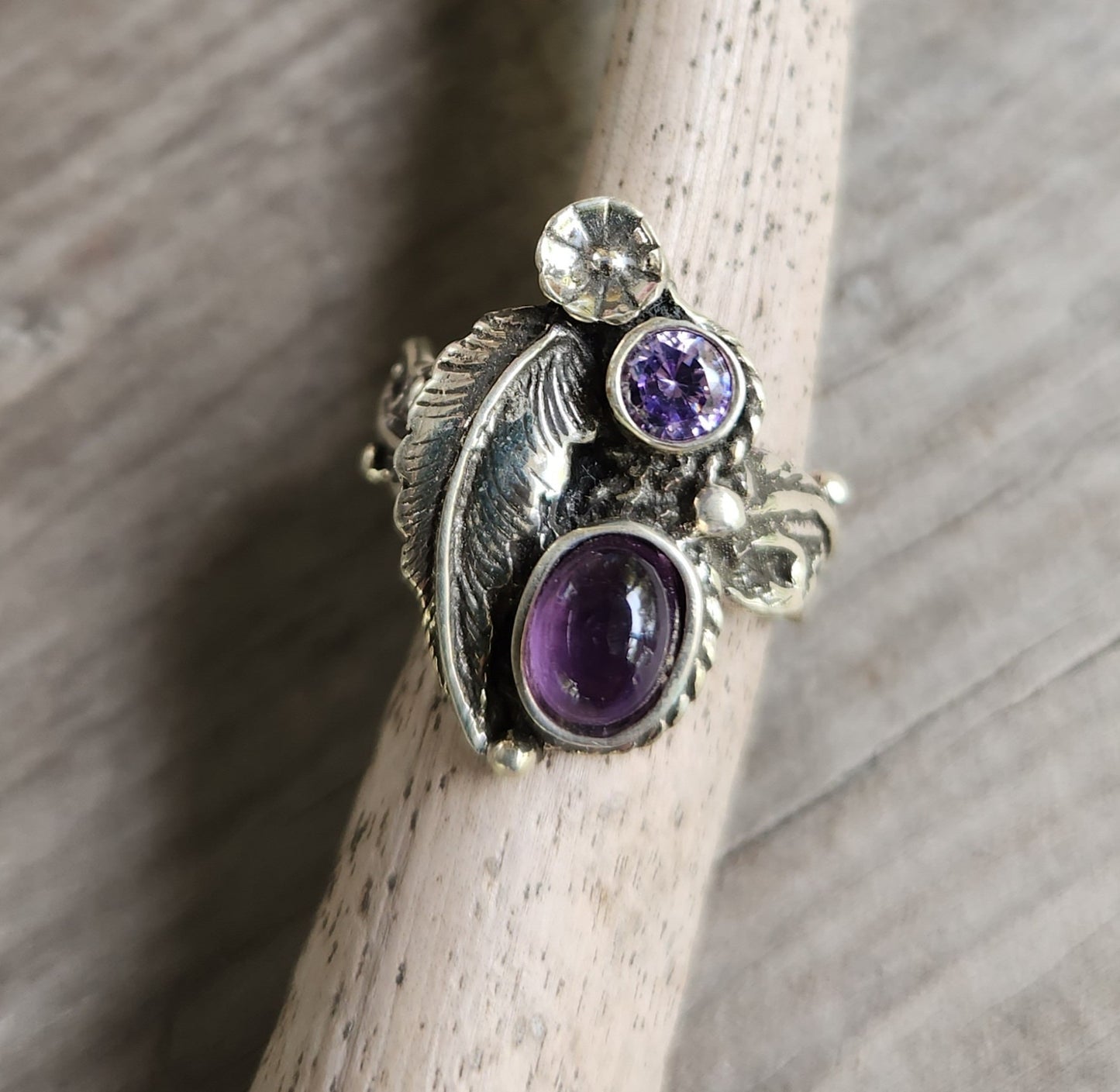 Amethyst flower ring, sterling silver,cz, alternative steampunk gothic art nouveau victorian flower rockabilly