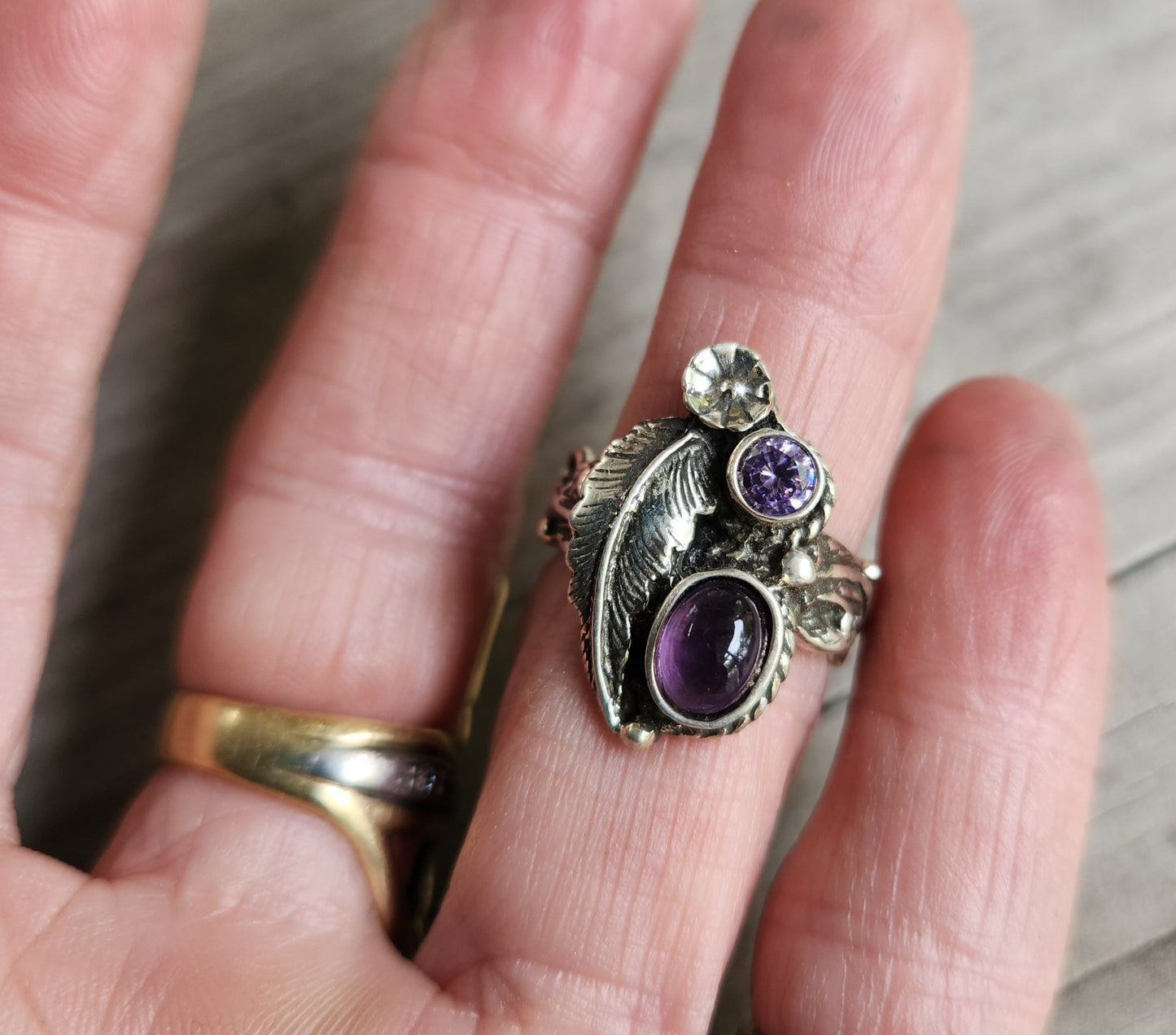 Amethyst flower ring, sterling silver,cz, alternative steampunk gothic art nouveau victorian flower rockabilly