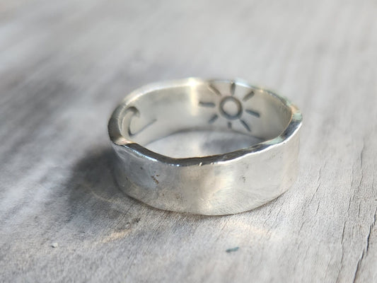 Hammered ring,7mm  wide sterling silver band,uneven rustic,nugget,steampunk,industrial wedding dress ring