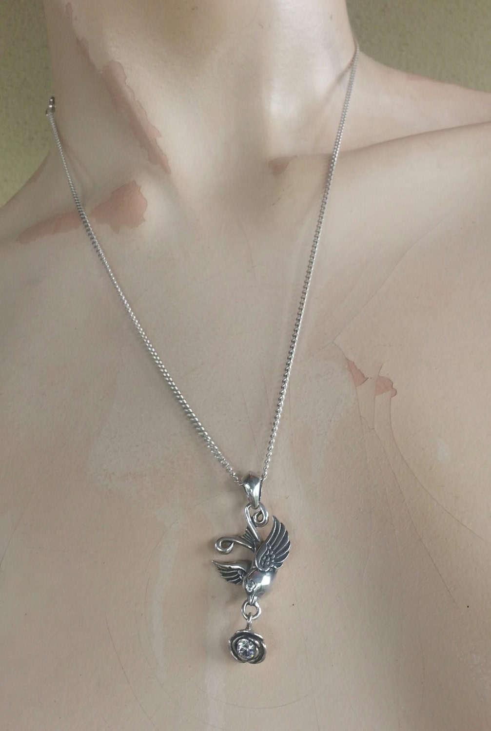 swallow,bluebird rose pendant,925 sterling silver,chsrm,rockabilly steampunk gothic punk victorian gypsy hippy boho