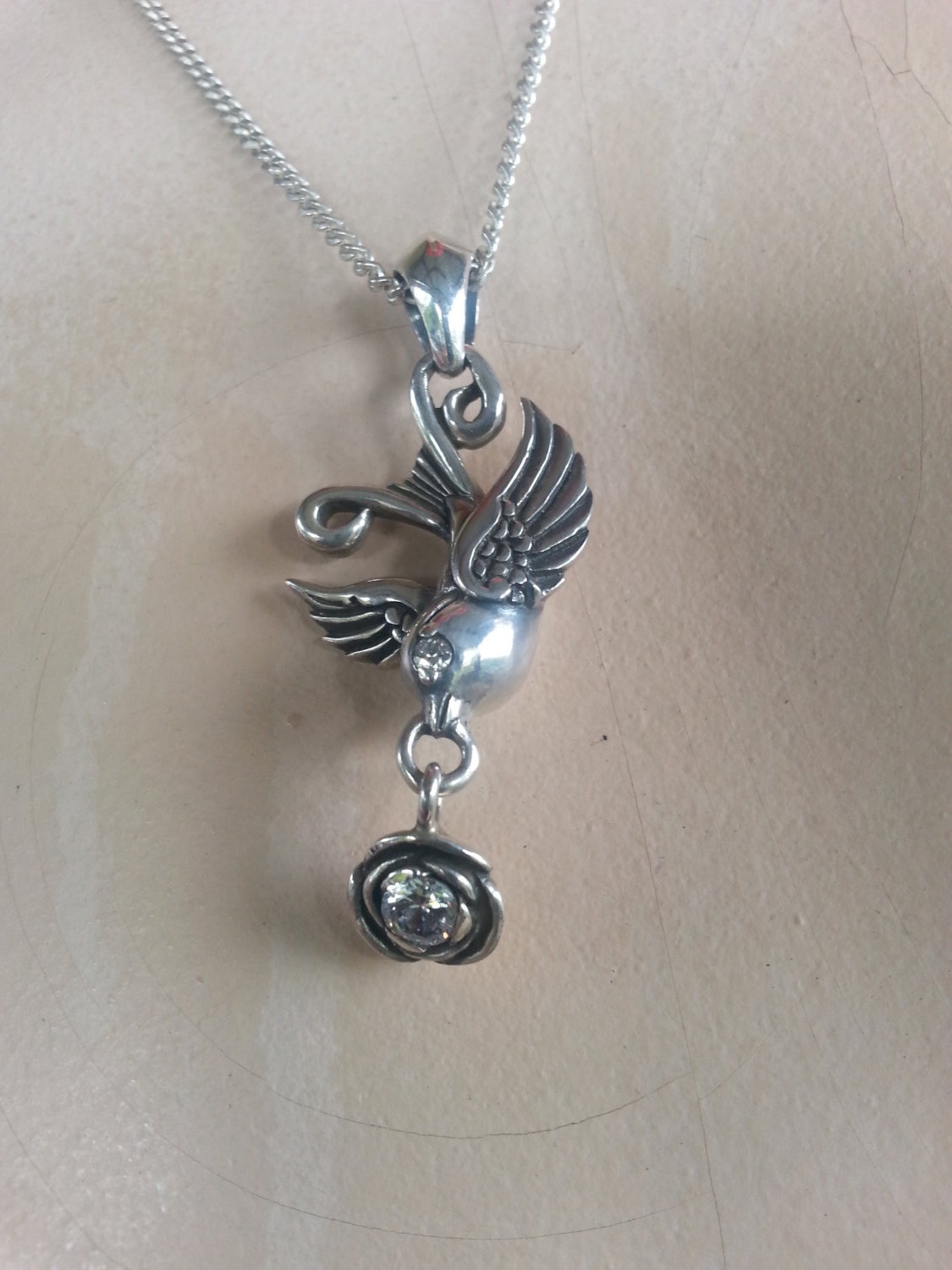swallow,bluebird rose pendant,925 sterling silver,chsrm,rockabilly steampunk gothic punk victorian gypsy hippy boho