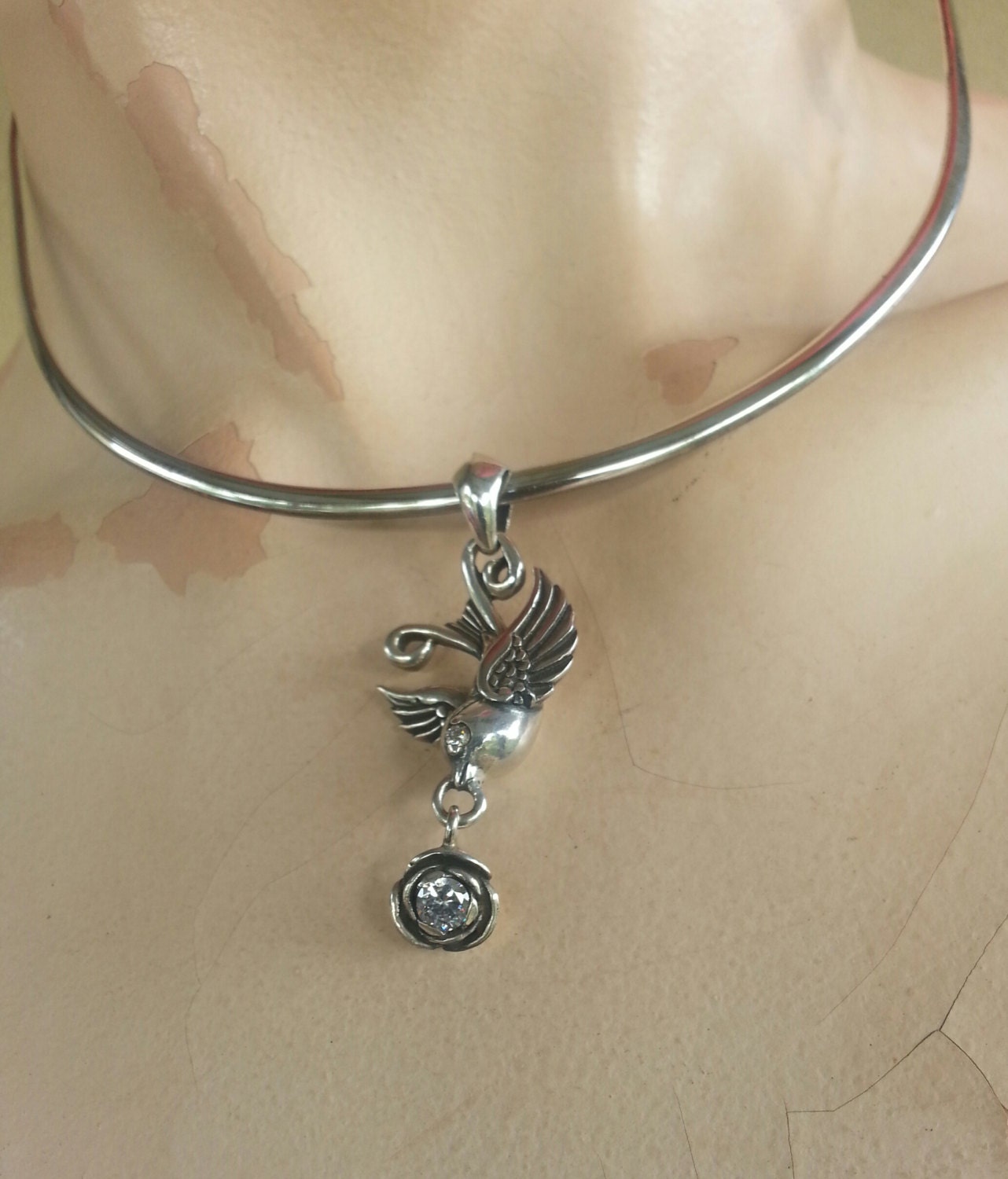 swallow,bluebird rose pendant,925 sterling silver,chsrm,rockabilly steampunk gothic punk victorian gypsy hippy boho