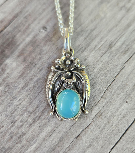 Chalcedony pendant,sterling silver,pink or blue gemstone Navajo Indian style,flower,leaf,boho,gypsy,tribal,handmade,gemstone necklace