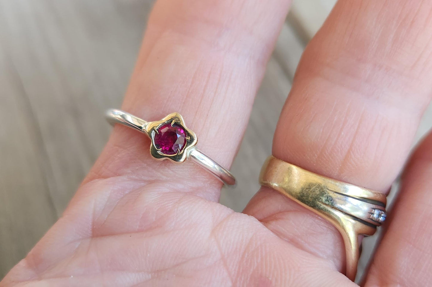 Two tone flower stacking ring,solid 9k gold and sterling silver,mixed metal thin stacker band ,