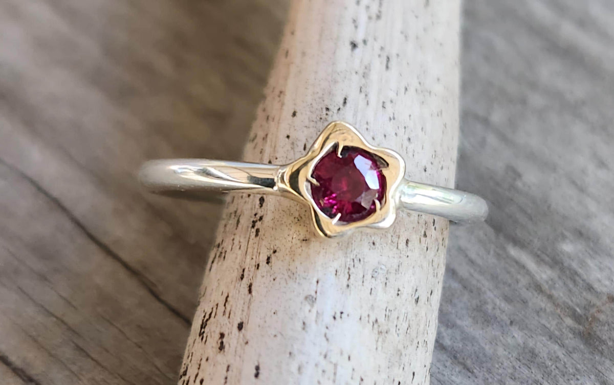 Two tone flower stacking ring,solid 9k gold and sterling silver,mixed metal thin stacker band ,
