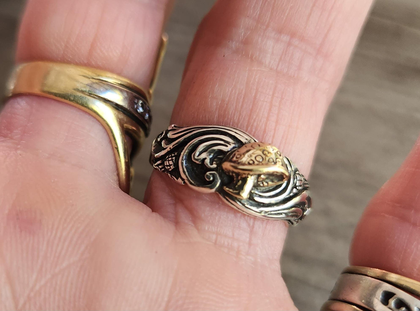 Mushroom ring,Gold and silver,two tone,solid 9k gold amanita toadstool,sterling silver band,swirl,boho,vintage,handmade,goddess,bespoke