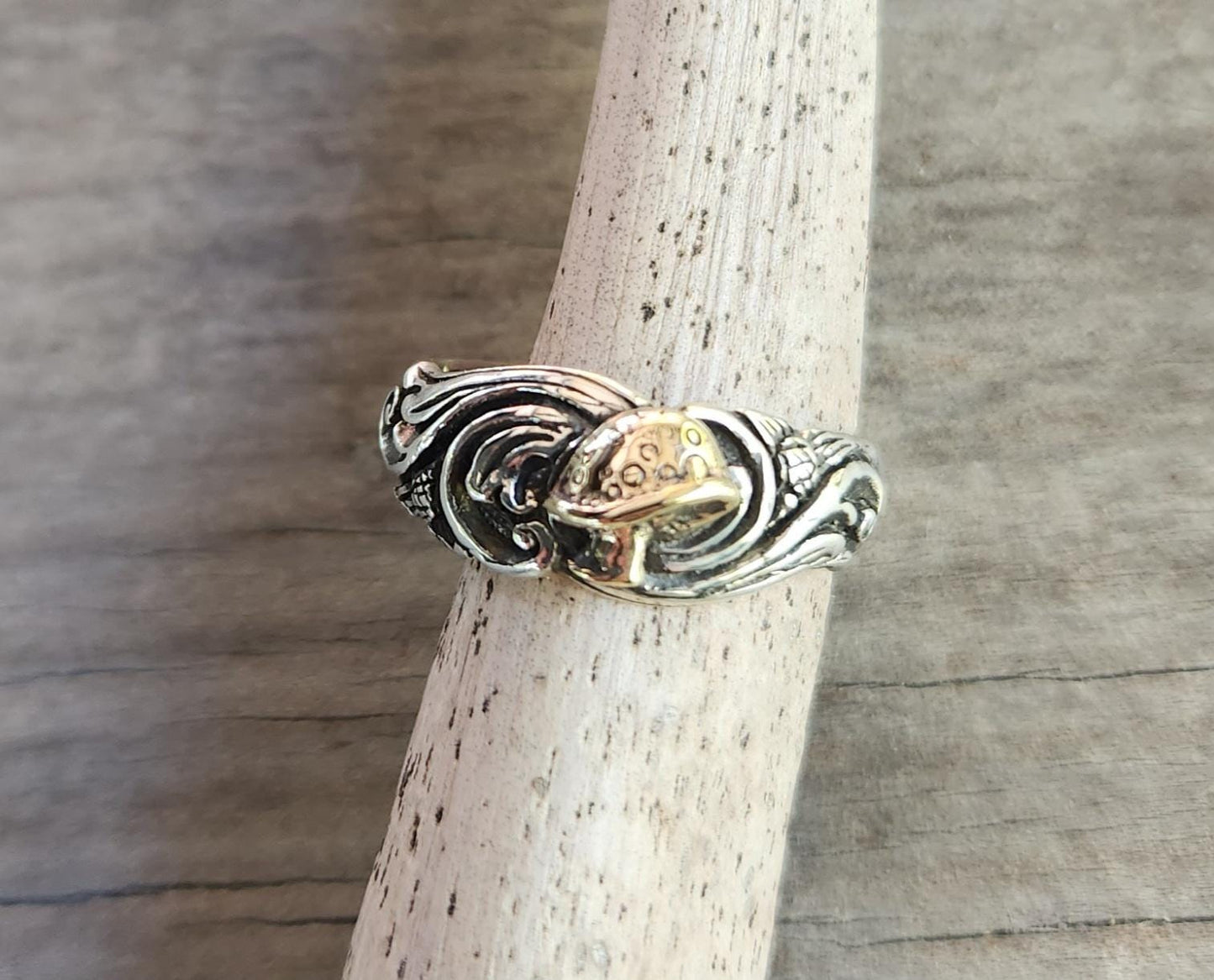 Mushroom ring,Gold and silver,two tone,solid 9k gold amanita toadstool,sterling silver band,swirl,boho,vintage,handmade,goddess,bespoke