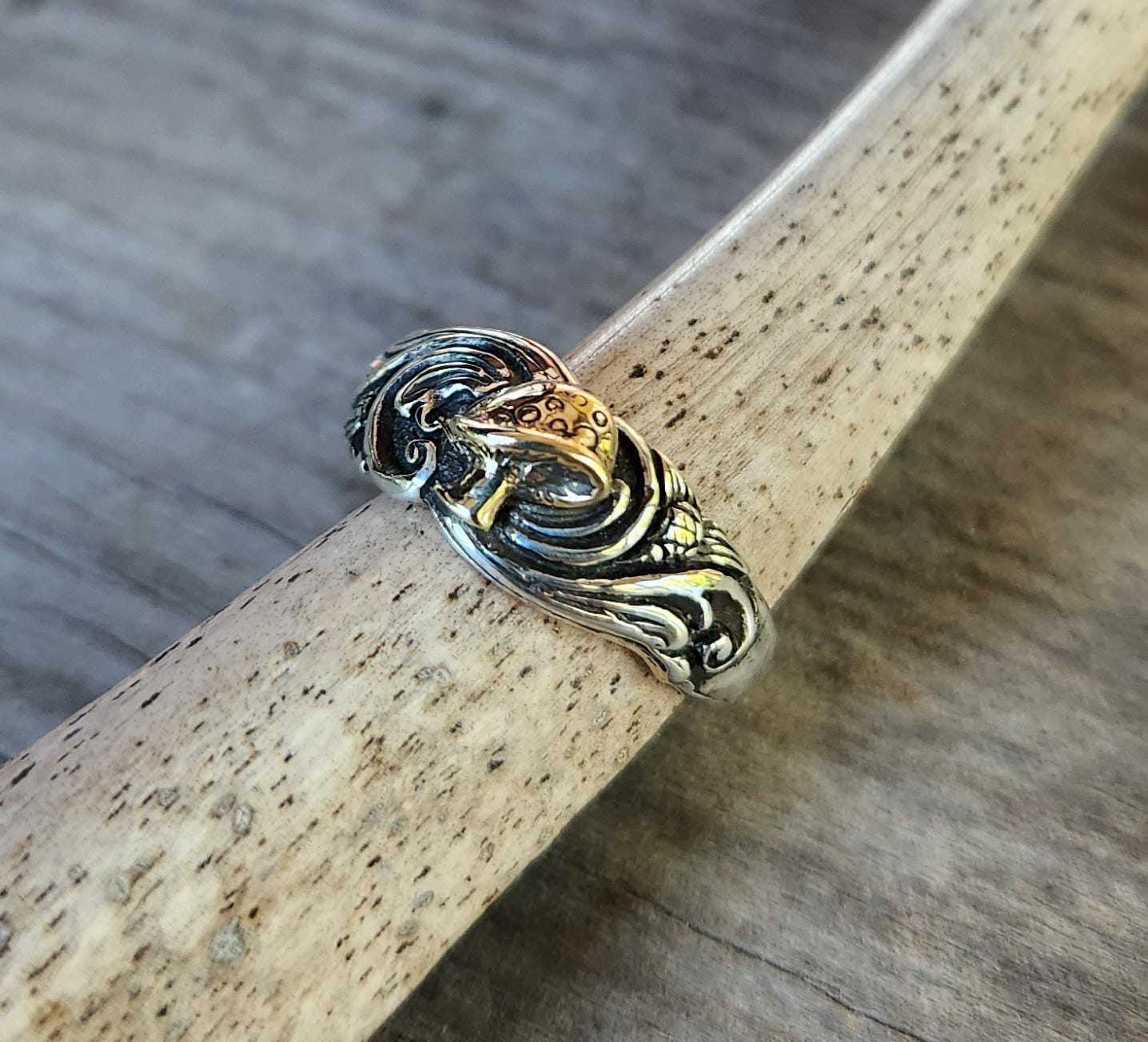 Mushroom ring,Gold and silver,two tone,solid 9k gold amanita toadstool,sterling silver band,swirl,boho,vintage,handmade,goddess,bespoke