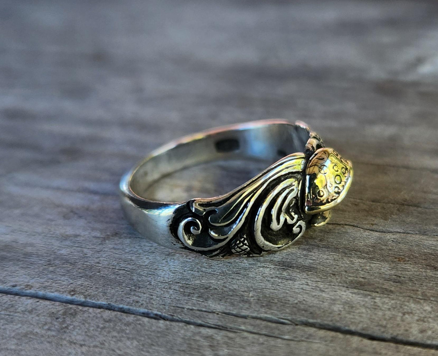 Mushroom ring,Gold and silver,two tone,solid 9k gold amanita toadstool,sterling silver band,swirl,boho,vintage,handmade,goddess,bespoke