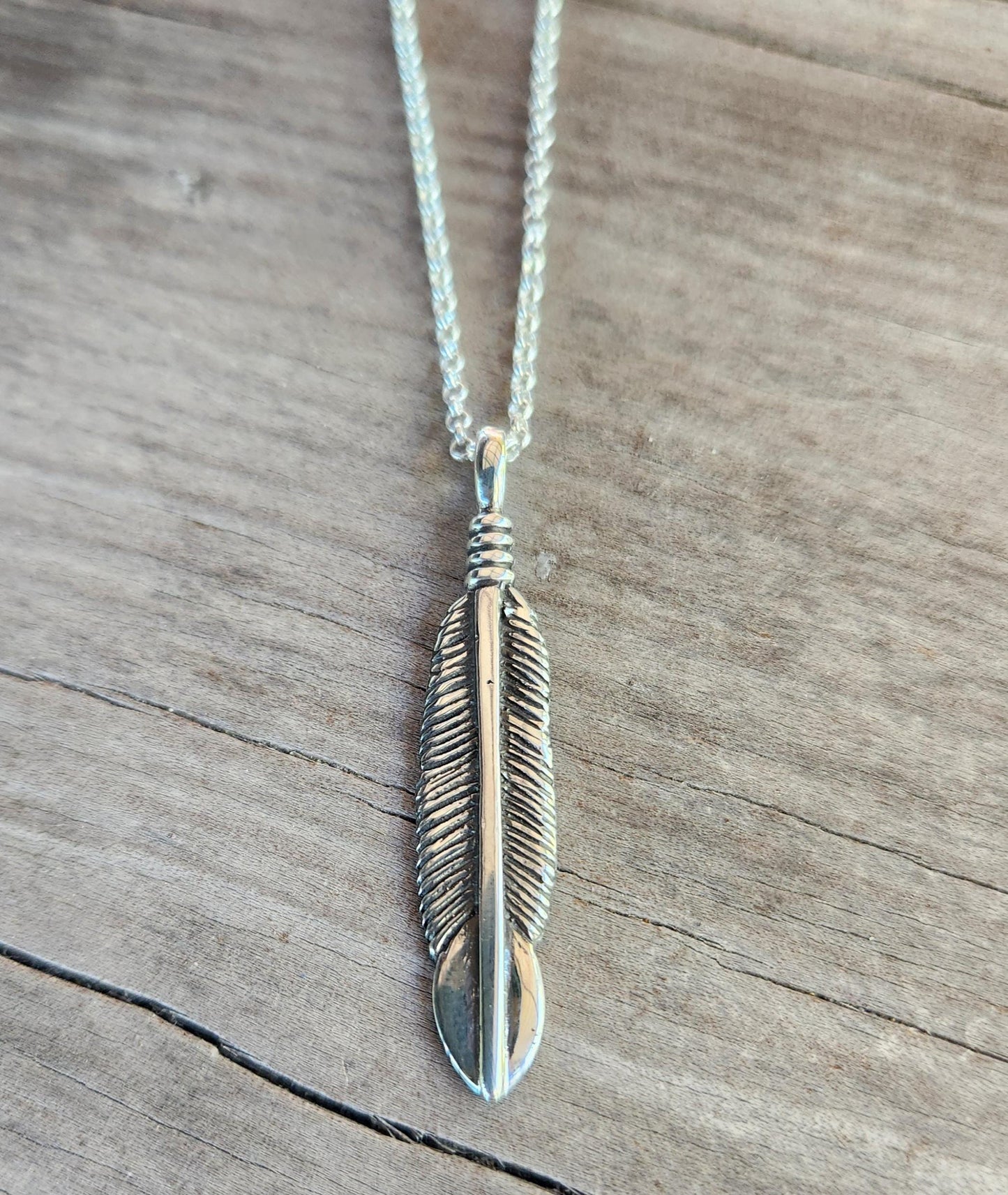 feather pendant,solid sterling silver,eagle,indian,gypsy,hippy,boho,long necklace