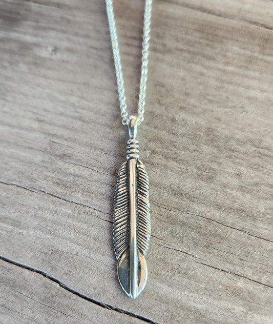feather pendant,solid sterling silver,eagle,indian,gypsy,hippy,boho,long necklace