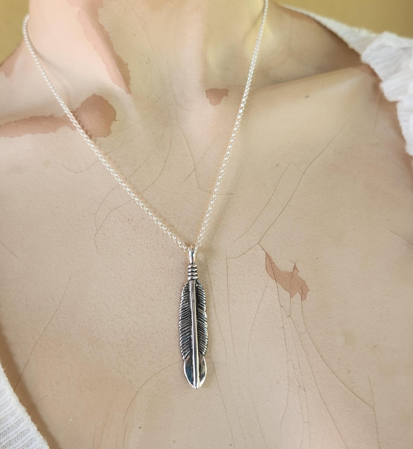 feather pendant,solid sterling silver,eagle,indian,gypsy,hippy,boho,long necklace