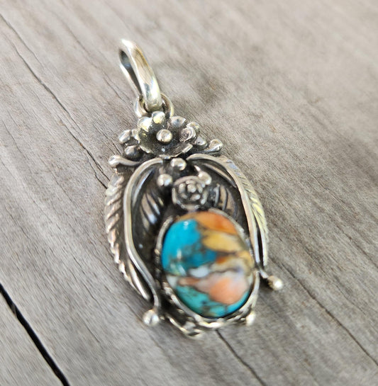 Mohave pendant,oyster copper stone,sterling silver,Navajo Indian style,flower,leaf,boho,gypsy,tribal,handmade,gemstone necklace