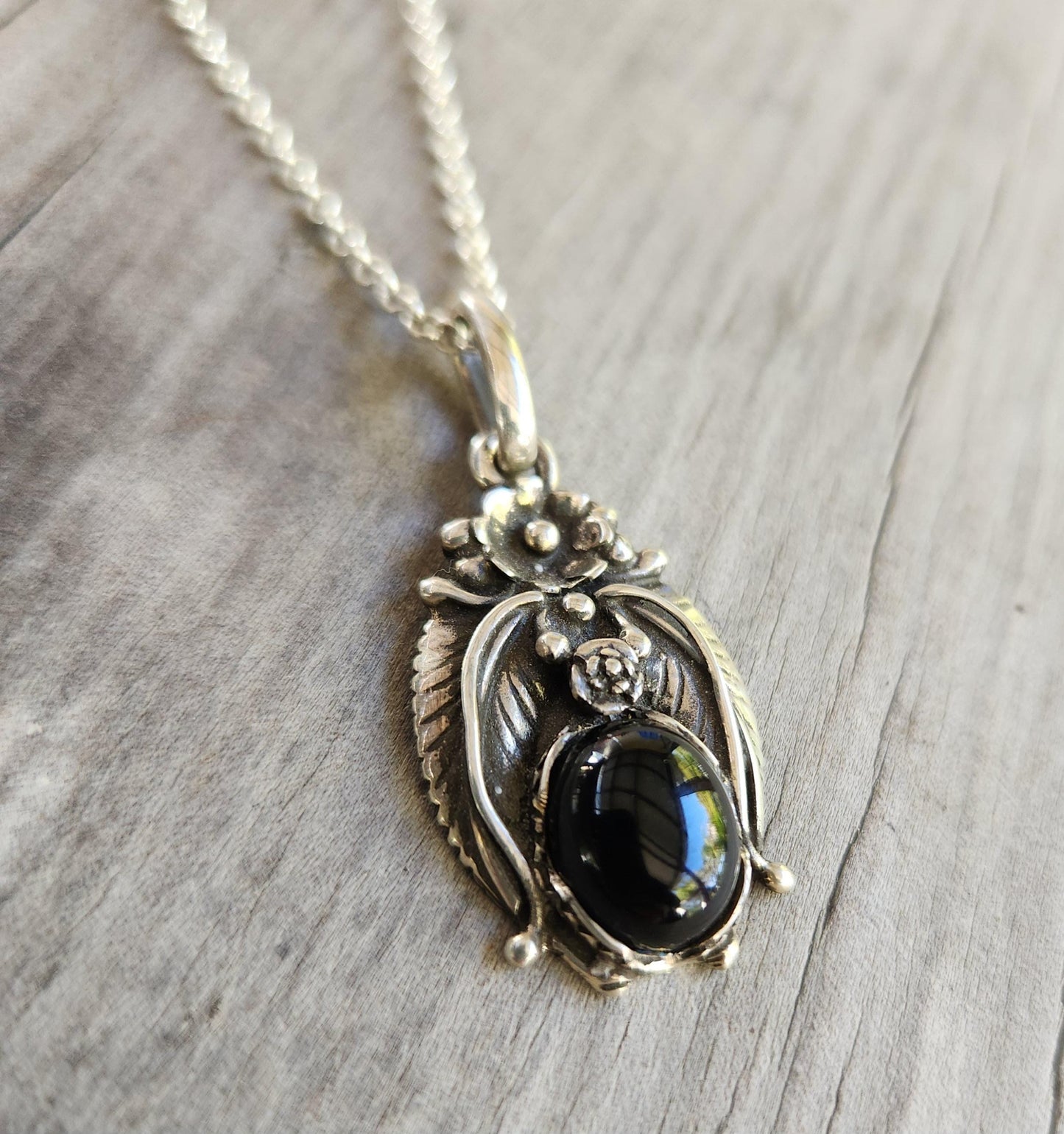 Onyx pendant,sterling silver,Navajo Indian style,flower,leaf,boho,gypsy,tribal,handmade,gemstone necklace