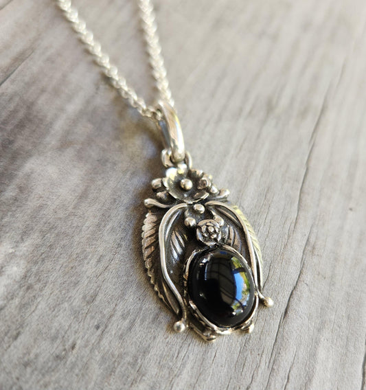 Onyx pendant,sterling silver,Navajo Indian style,flower,leaf,boho,gypsy,tribal,handmade,gemstone necklace