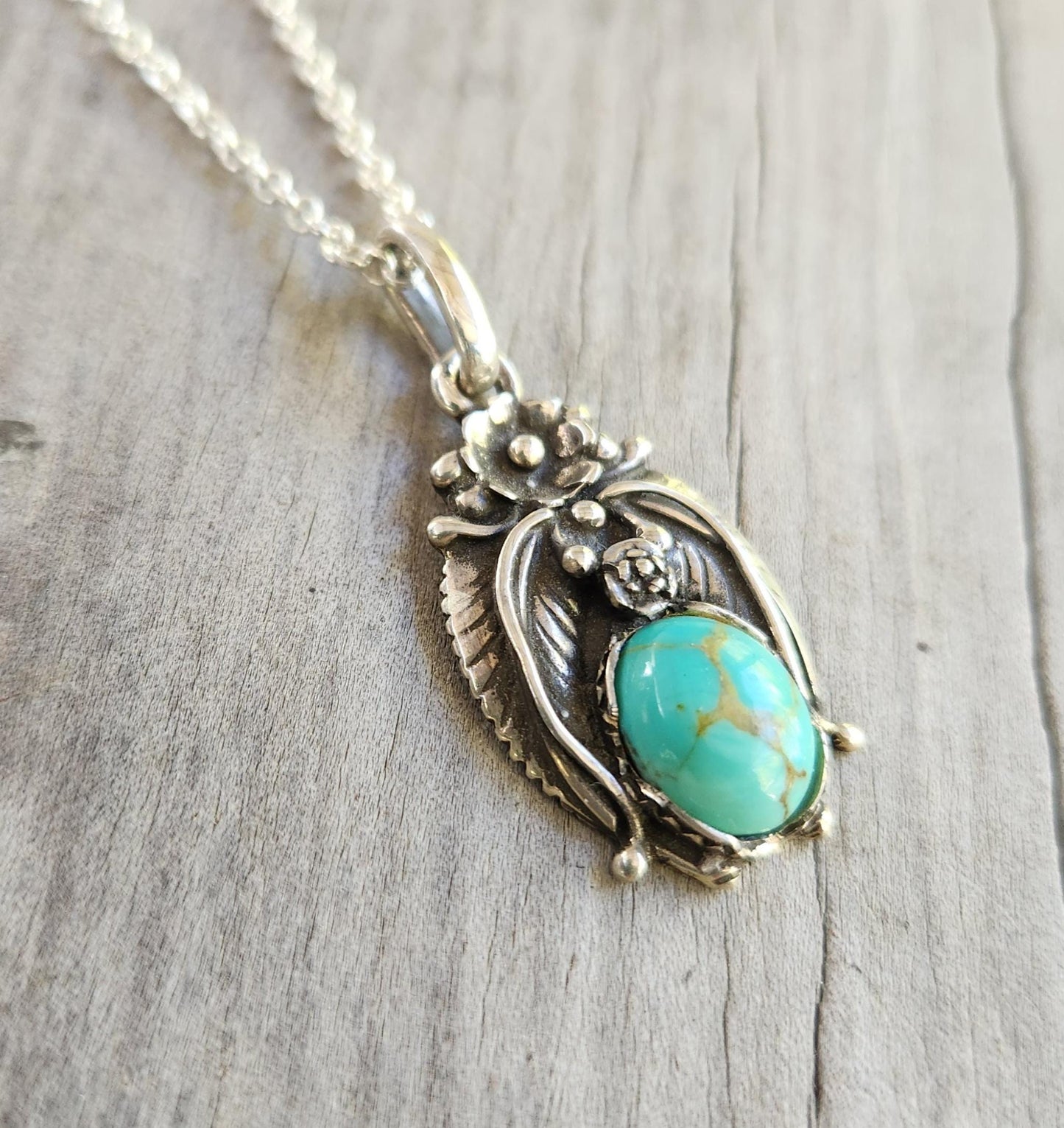 Turquoise feather pendant,sterling silver,Navajo Indian style,flower,leaf,boho,gypsy,tribal,handmade,gemstone necklace