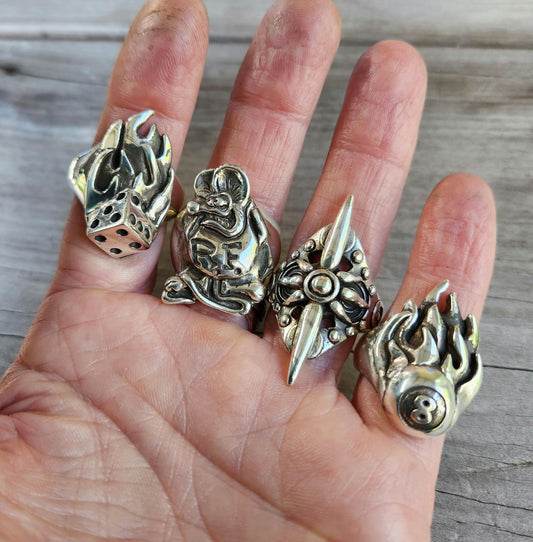 Large flame dice ring, solid sterling silver,mans gambling,vegas,rockabilly,hipster,hand made,biker,muscle car Kulture.