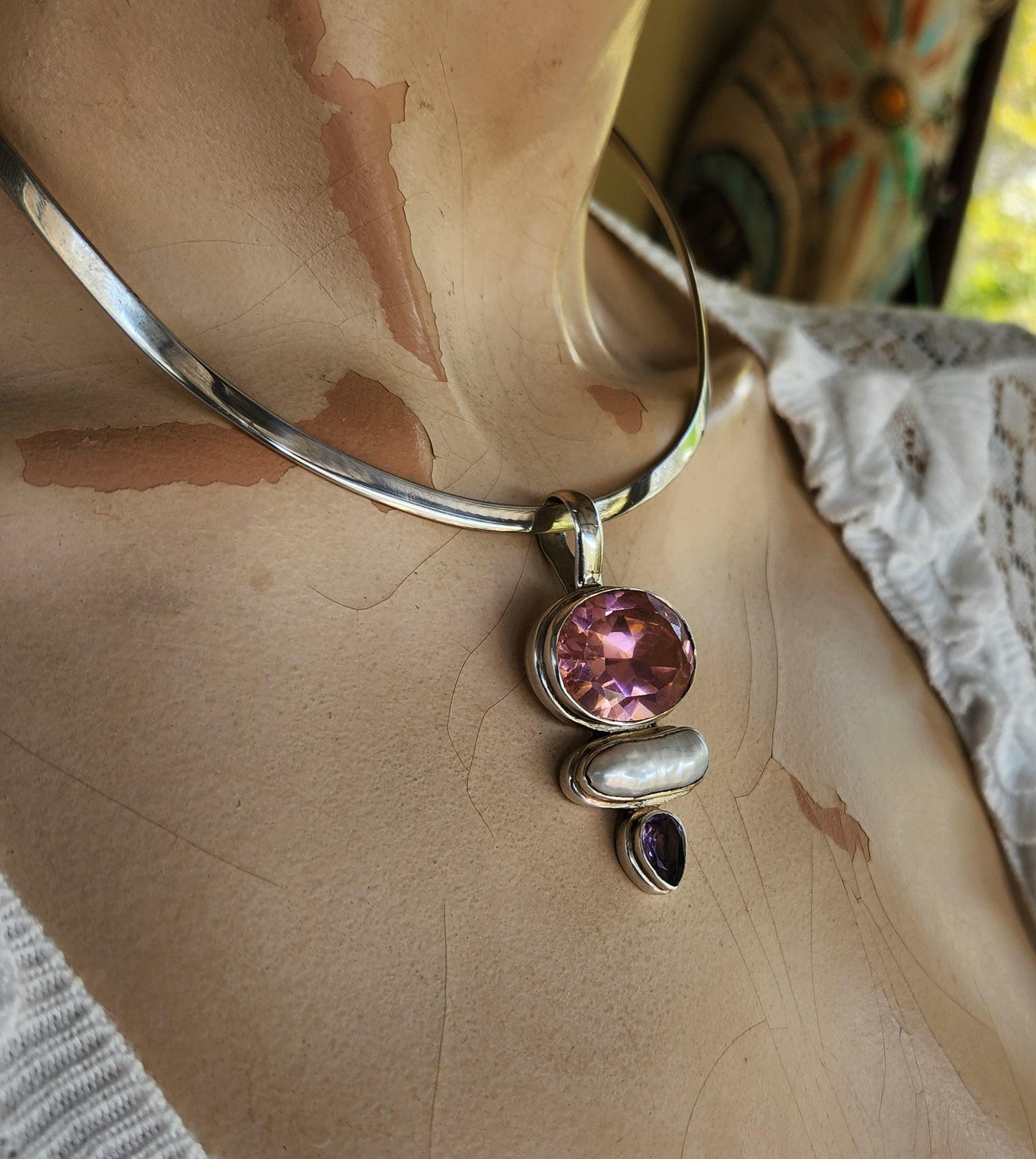 Large pink cz,pearl amethyst pendant,sterling silver,boho,,handmade,gemstone necklace
