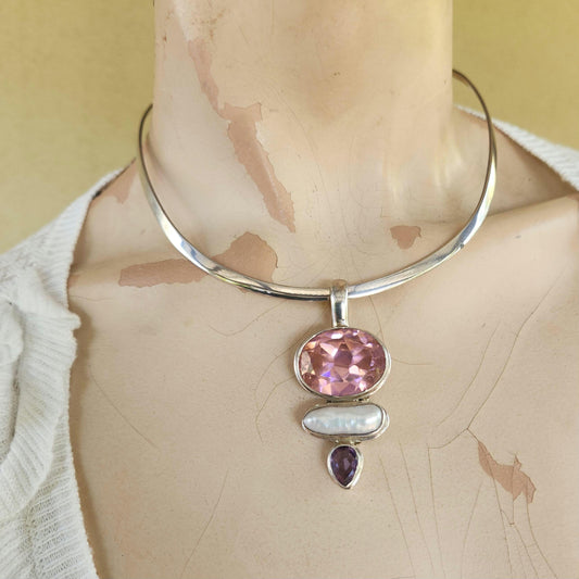 Large pink cz,pearl amethyst pendant,sterling silver,boho,,handmade,gemstone necklace