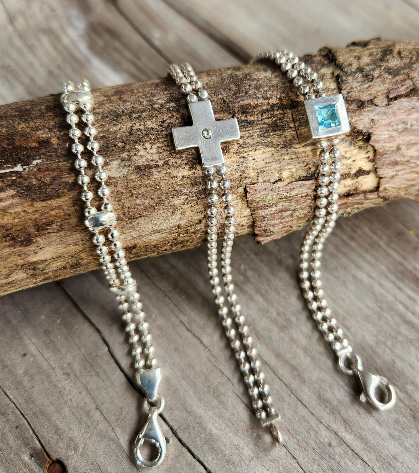silver cross ball bracelet,sterling silver,cz,double ball chain,handmade,fine link bracelet,boho,