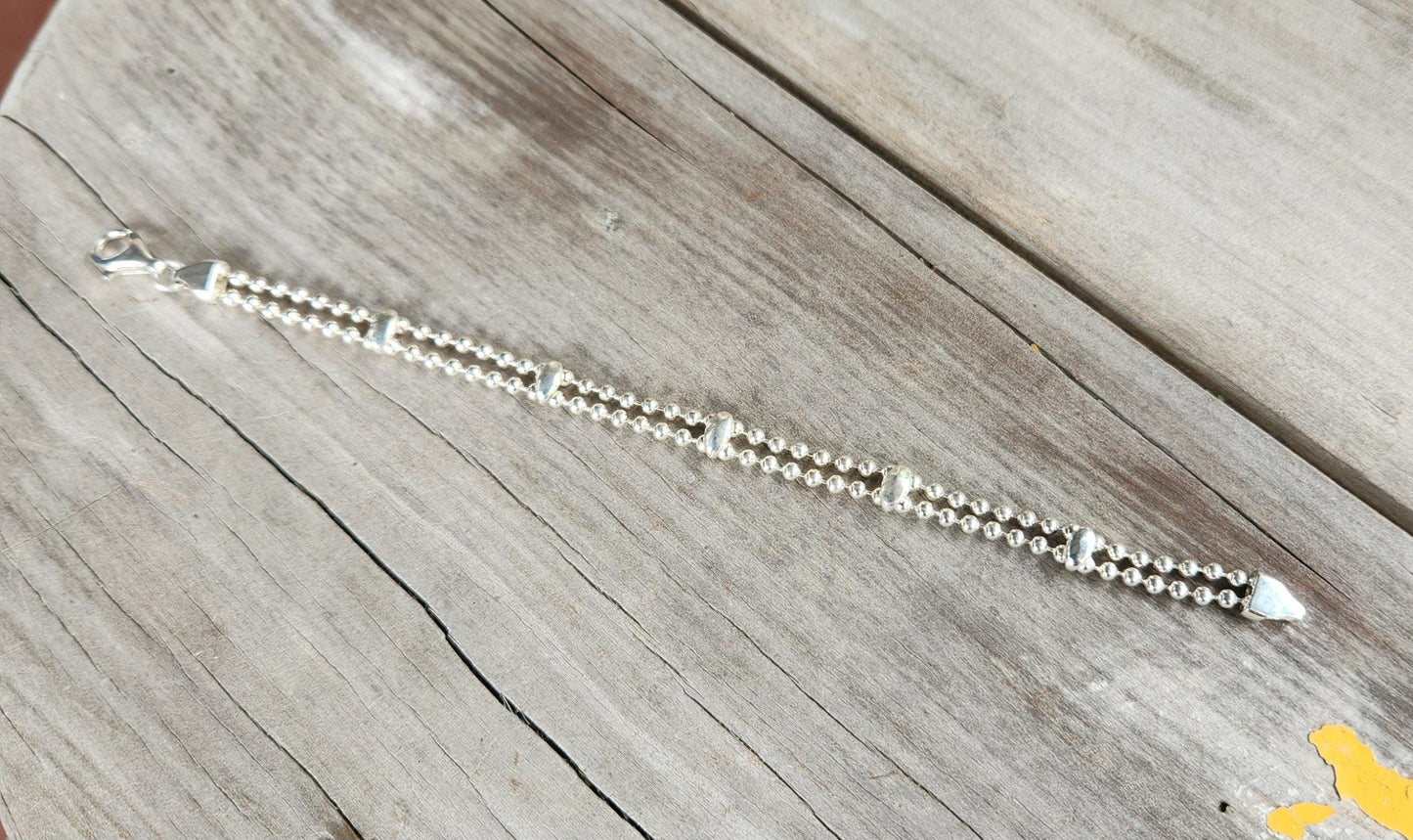 silver ball bracelet,sterling silver,double ball chain,handmade,fine link bracelet,boho,