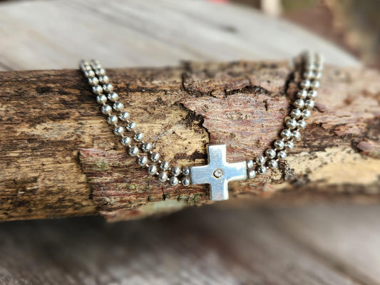 silver cross ball bracelet,sterling silver,cz,double ball chain,handmade,fine link bracelet,boho,