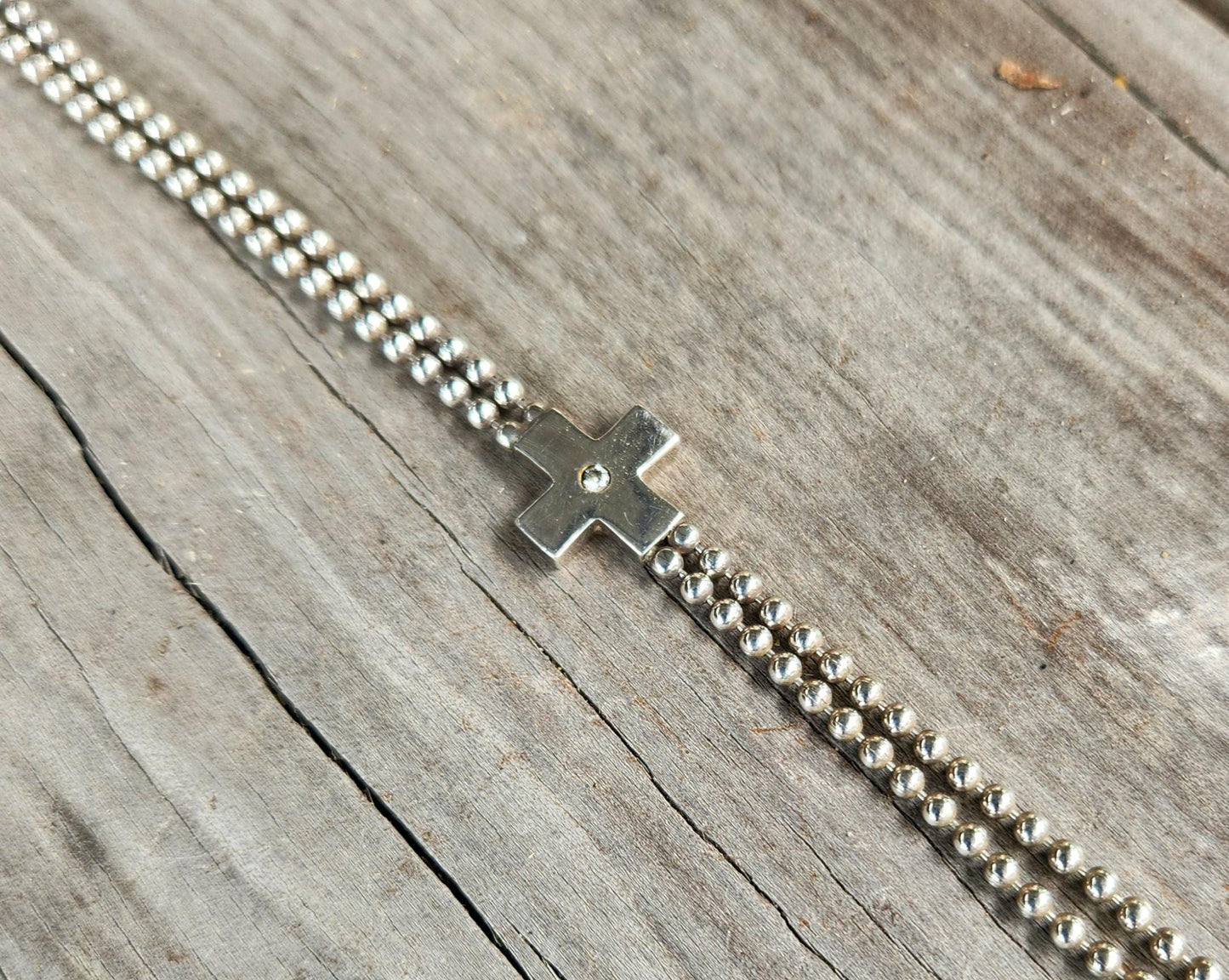 silver cross ball bracelet,sterling silver,cz,double ball chain,handmade,fine link bracelet,boho,