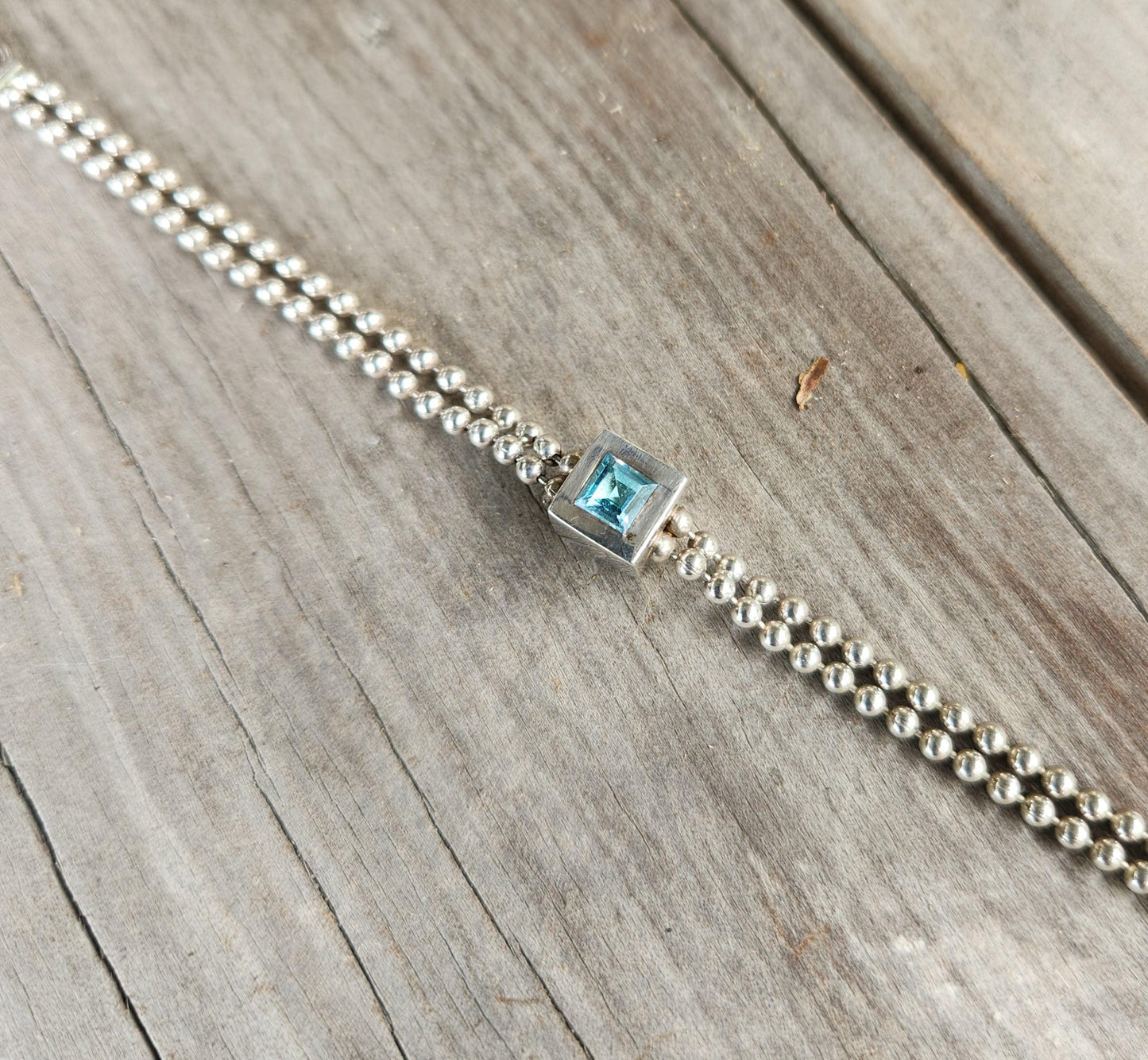 silver ball bracelet, cube centrepiece,sterling silver,blue topaz cz,double ball chain,handmade,fine link bracelet,boho,