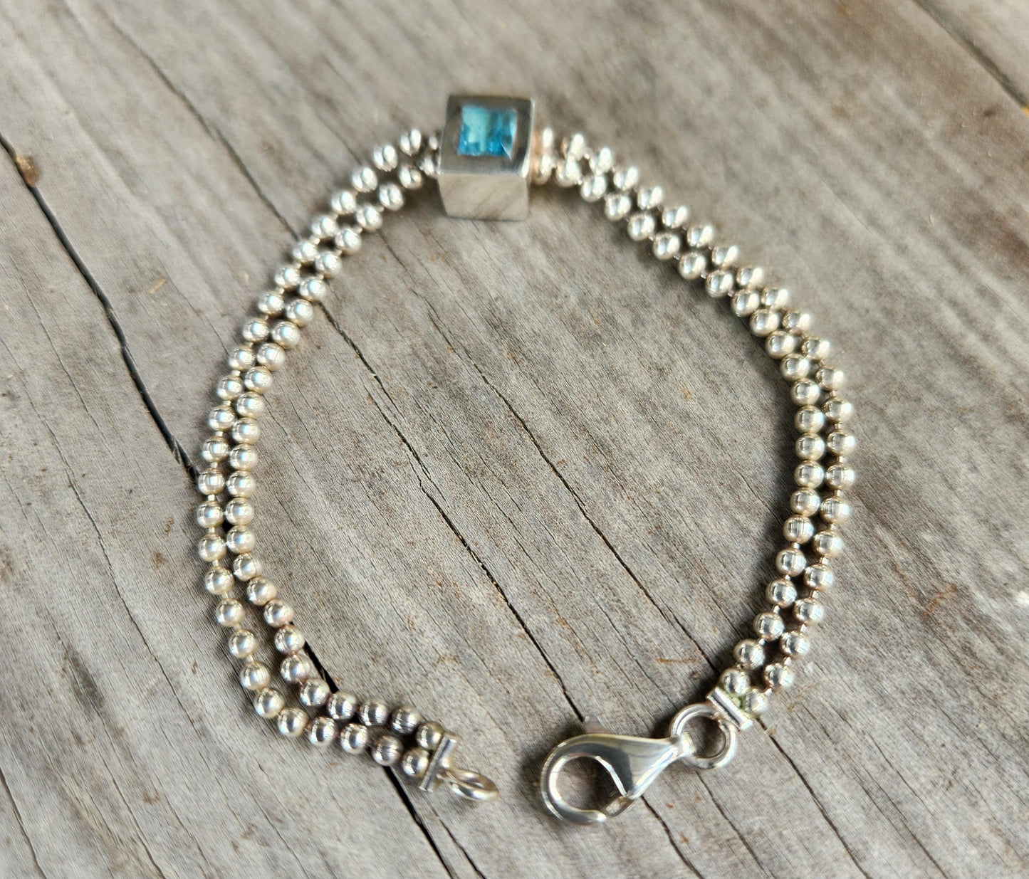silver ball bracelet, cube centrepiece,sterling silver,blue topaz cz,double ball chain,handmade,fine link bracelet,boho,
