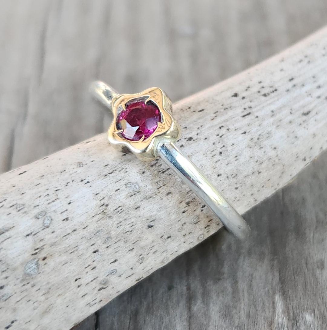 Two tone flower stacking ring,solid 9k gold and sterling silver,mixed metal thin stacker band ,