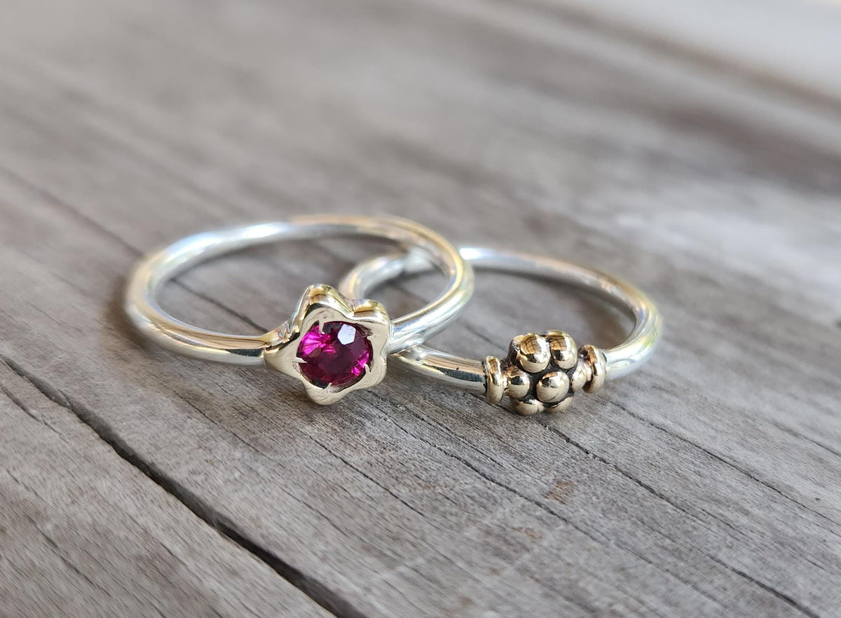 Two tone flower stacking ring,solid 9k gold and sterling silver,mixed metal thin stacker band ,