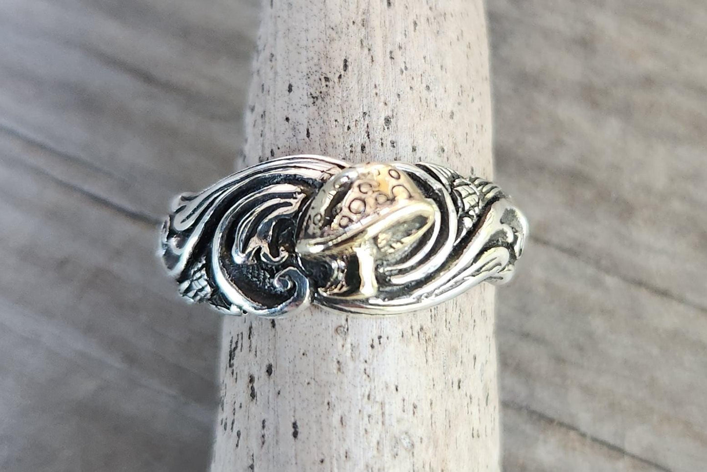 Mushroom ring,Gold and silver,two tone,solid 9k gold amanita toadstool,sterling silver band,swirl,boho,vintage,handmade,goddess,bespoke
