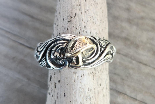 Mushroom ring,Gold and silver,two tone,solid 9k gold amanita toadstool,sterling silver band,swirl,boho,vintage,handmade,goddess,bespoke