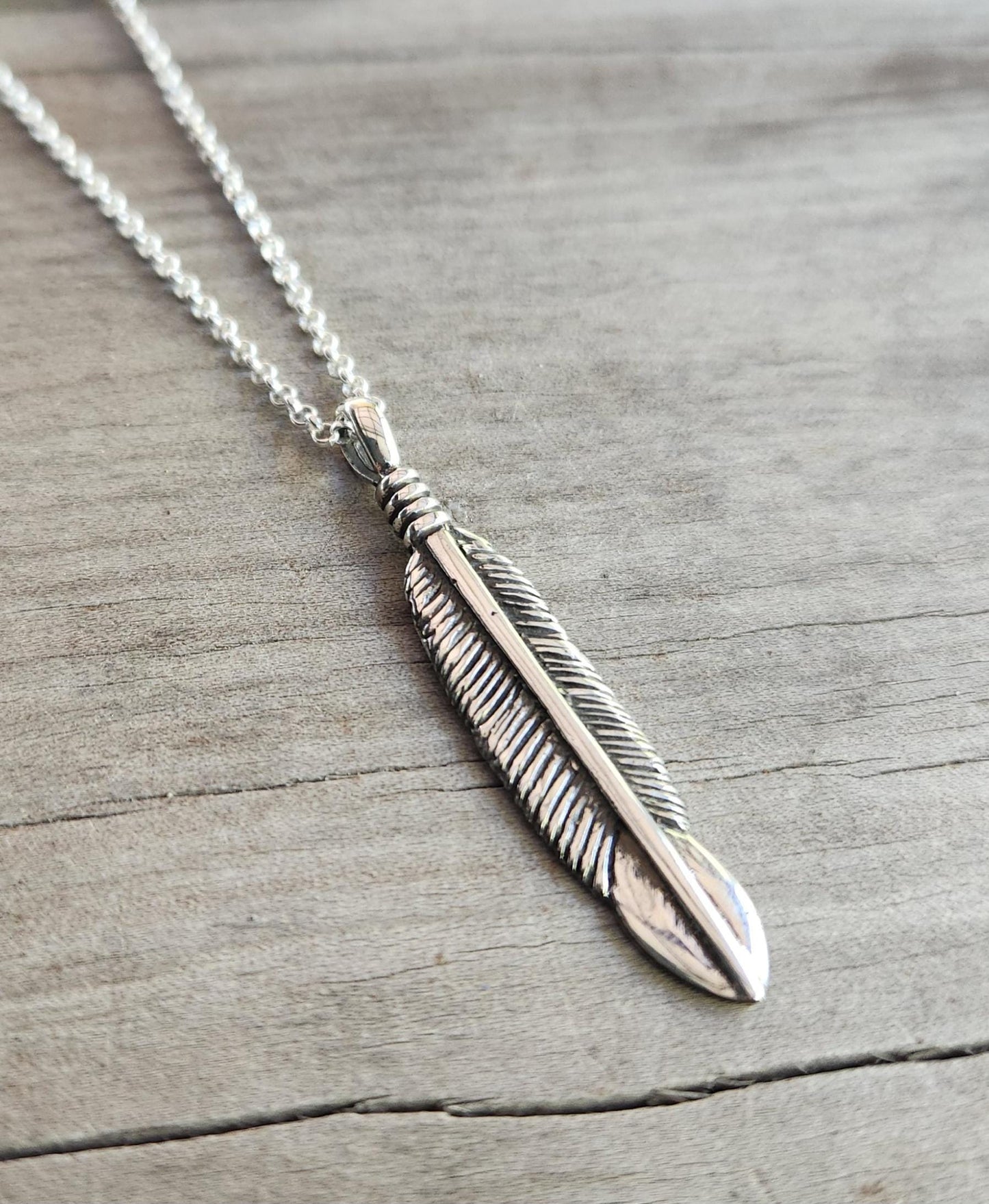 feather pendant,solid sterling silver,eagle,indian,gypsy,hippy,boho,long necklace