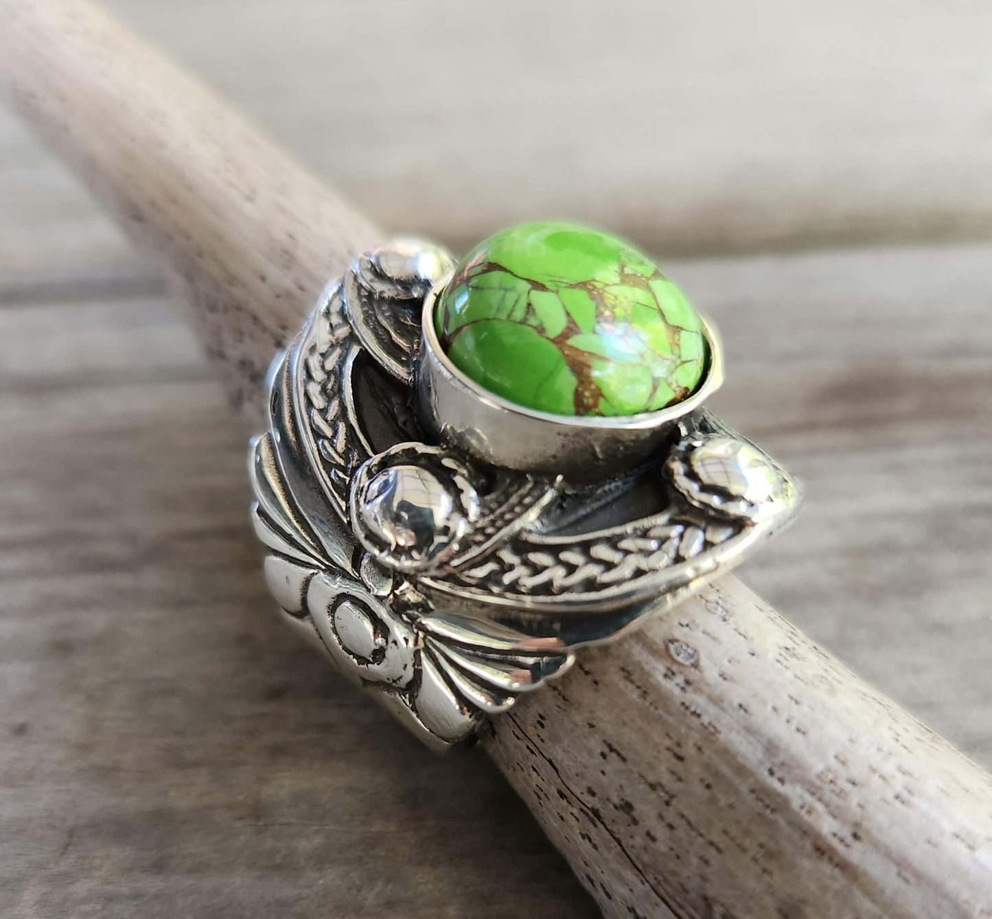 Moshave Turquoise ring,sterling silver,large chunky celtic ring,green Turquoise medieval,tribal,large stone ring,shield,large mens ring,
