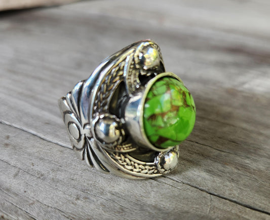 Moshave Turquoise ring,sterling silver,large chunky celtic ring,green Turquoise medieval,tribal,large stone ring,shield,large mens ring,
